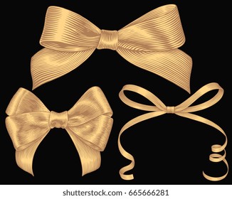 Bows. Design set. Hand drawn engraving. Vector vintage illustration. Isolated on black background. 8 EPS