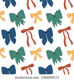 Bows doodle seamless pattern. Nice cute blue, green, red and yellow ribbons. Template for packaging, postcards, textile printing, wallpaper. Hand drawn illustration isolated on white background.