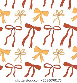 Bows doodle seamless pattern. Nice cute red and yellow thin ribbons. Template for packaging, postcards, textile printing, wallpaper. Hand drawn illustration isolated on white background.