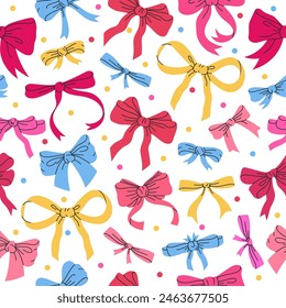 Bows endless design. Colorful bows seamless pattern, hand drawn Birthday gifts ribbon decoration flat vector background illustration. Silk bow-knot for holidays gift boxes