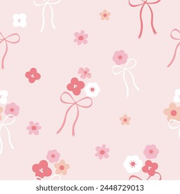 bows and flowers seamless pattern  on pastel pink background , vector illustration