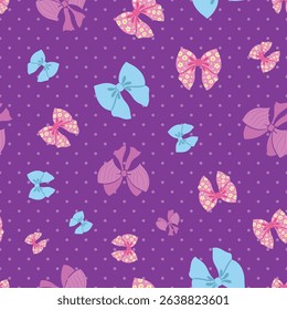 Bows and flowers seamless pattern on purple polka dots background