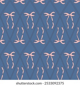 Bows geometric seamless pattern. Decorative band rhombus endless background. Bowknot blue continuous ornament. Vector doodle illustration.