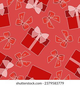 Bows and gift boxes seamless pattern. Vector red and pink Template for Wrapping paper Happy Mother or Valentine Day, Christmas Holiday. Flat style Romantic cartoon background for package design