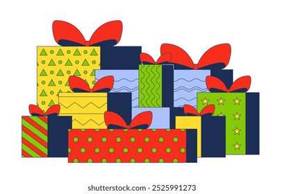 Bows gift boxes stack 2D cartoon object. Pile of Christmas presents. Celebrating xmas. Wrapped packages. Ribbon giftboxes isolated element flat vector clipart on white background. Spot illustration