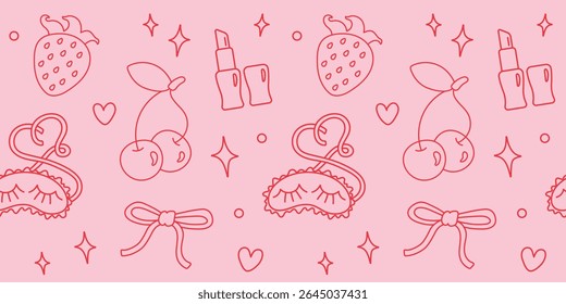 Bows, girly accessories and berries seamless pattern. Cute girly design. Vector background for desktops, prints and articles.
