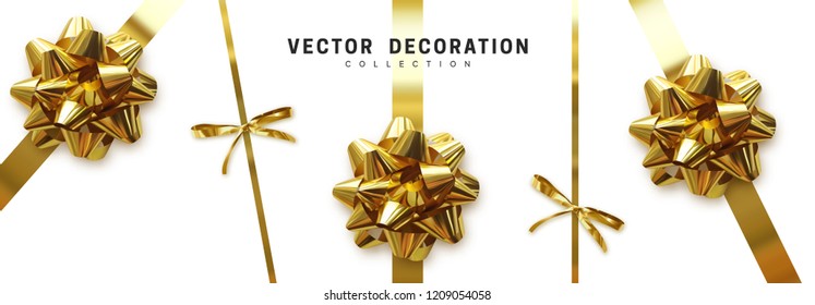 Bows gold realistic 3d design. Decorative tape gift bows  with golden color ribbons isolated on white background. vector illustration