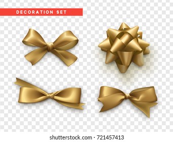 Bows gold realistic design. Isolated gift bows with ribbons.