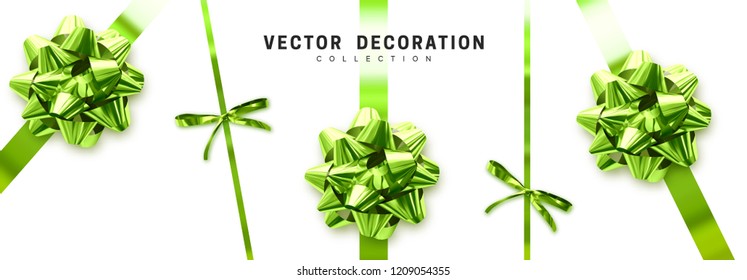 Bows green realistic design. Decorative gift bows with ribbons isolated on white background