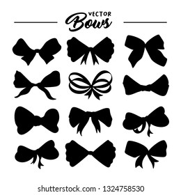 Bows hand drawn illustrations set. Ribbon knots black silhouettes. Ink pen abstract texture. Bowknots cliparts. Bow-tie sketches collection. Greeting card, party invitation isolated design elements
