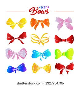 Bows hand drawn illustrations set. Rainbow ribbon multicolor gradient knots. Festive bowknots cartoon cliparts. Bow-tie sketches collection. Greeting card, party invitation isolated design elements