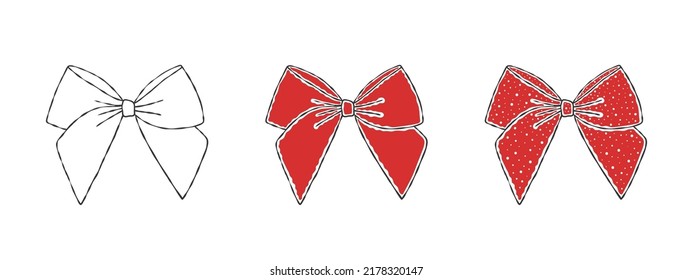 Bows. Hand drawn red bow. Decoration birthday holiday ribbons. Vector illustration