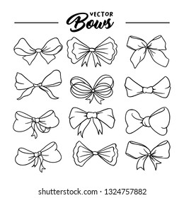 Bows handdrawn illustrations set. Ribbon knots linear drawings. Ink pen bowknots contour cliparts. Bow-tie sketches outline collection. Coloring book, greeting card thin line isolated design elements