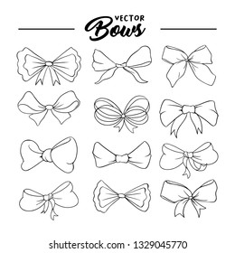 Bows handdrawn illustrations set. Ribbon knots linear drawings. Ink pen bowknots contour cliparts. Bow-tie sketches outline collection. Coloring book, greeting card thin line isolated design elements