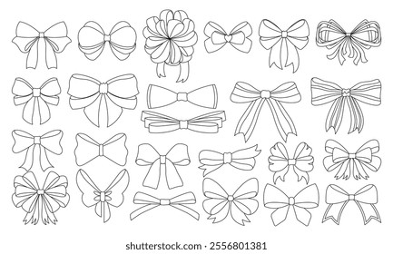 Bows icon set, coloring style. Various cartoon ribbons for invitation or gifts, present cards and luxury wrap pack. Decoration for your design. Vector illustration