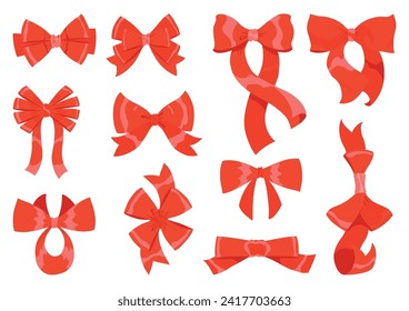 Bows icon set. Various cartoon ribbons for invitation or gifts, present cards and luxury wrap pack isolated on white background. Decoration for your design. Vector illustration