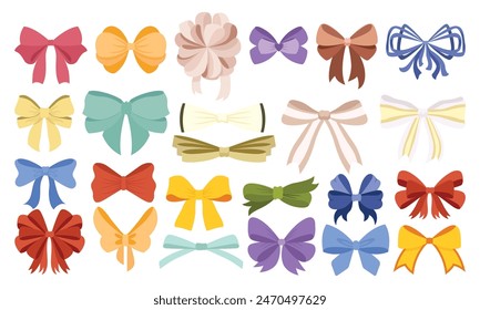 Bows-Symbol gesetzt. Verschiedene Cartoon-Bänder für Einladungen oder Geschenke, Geschenkkarten und Luxus-Wrap-Pack isoliert auf weißem Hintergrund. Dekoration für Ihr Design. Vektorillustration