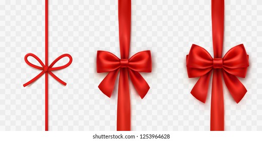 Bows isolated on transparent background. Vector Christmas satin ribbons, string or rope with bow set. Red xmas wrap element template.