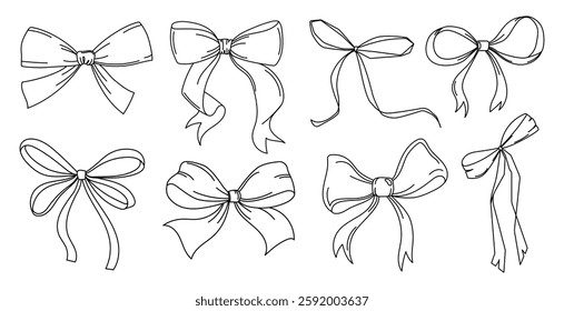 Bows Line art drawing with different styles of ribbons with different shapes set in sketch style, decorative bows for packaging, gift wrapping, invitations, crafts, digital design. Vector illustration