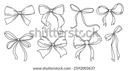 Bows Line art drawing with different styles of ribbons with different shapes set in sketch style, decorative bows for packaging, gift wrapping, invitations, crafts, digital design. Vector illustration