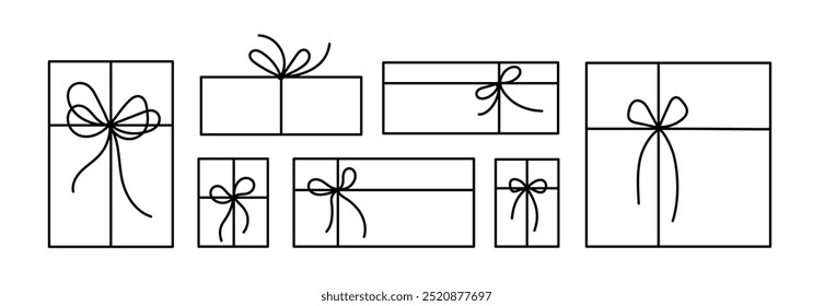 Bows line set, cords tied for gift box, simple present. Hand drawn thin vector stroke. White outline icons for holiday design. Doodle festive collection