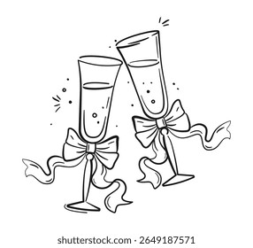 СOquette Bows on Champagne ou copos de vinho. Copos de champanhe com bebida gasosa em estilo doodle. Álcool, coquetel, menu de bebidas. Celebração. Aniversário, aniversário, Natal, Ano Novo, Casamento