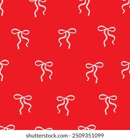 Bows on red background. Hand drawn ribbon bows on white background. Gift wrapping. Romantic backdrop. Seamless pattern.