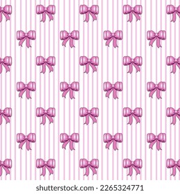 Bows on a striped background.Vector pattern of pink bows on a transparent striped background.