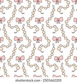 Bows and pearl necklace seamless pattern. Decorative band endless background. Coquet beauty accessories repeat cover. Bowknot continuous ornament. Vector hand drawn doodle illustration.