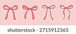 Bows pink doodle sticker set. Hand drawn different shapes of bow knots and ribbons. Simple bowties for packaging, gift wrapping, invitations. Color vector illustrations with white outline.