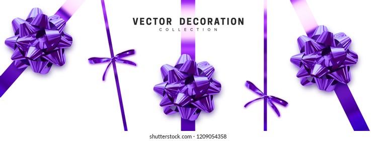 Bows purple realistic design. Decorative gift bows with ribbons isolated on white background