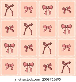 Arcos acolchoado padrão sem emenda. Pink embrulhando banda patchwork repetir fundo. Bowknots pós-selos retro design de padrão de superfície. Ilustração plana desenhada à mão do vetor.