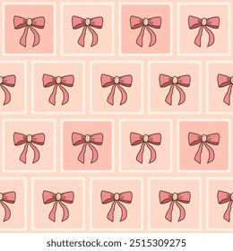 Lazos acolchados sin patrón. Fondo de remiendo de remiendo de banda de embalaje rosa. Diseño infinito de los sellos postales de los nudos de arco. Ilustración vectorial.