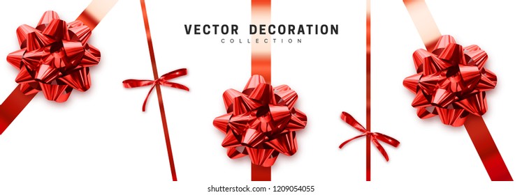 Bows red realistic design. Decorative gift bows with ribbons isolated on white background. vector illustration