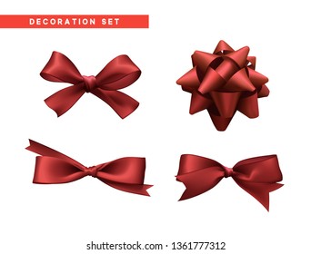 Bows red realistic design. Isolated gift bows with ribbons. vector illustration