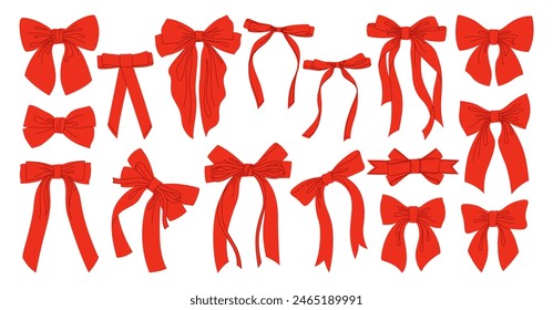 Bows red ribbon hand drawn set. Trendy elegant tape icons for celebrations Valentines Day, Wedding Birthday decoration. Various cartoon bow knot gift ribbon, silk hair accessory. Vector illustration