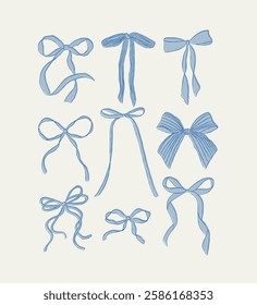 Bows of ribbon hand drawn sketch drawing with fill of blue on light background
