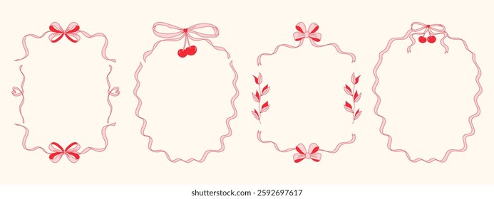 Bows ribbons border set. Trendy frames with wavy lines and bows. Hand drawn design elements for Valentine's day, birthday, greeting cards, invitations