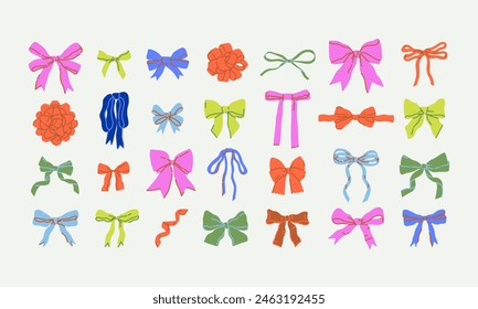 Bows and ribbons colorful set. Festive bundle for cute and elegant designs like birthday cards, wedding stationery, gift wrapping, fabrics, tags, tattoo. All items are vector and isolated. Fancy lines