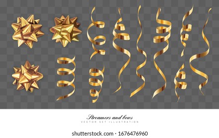 Bows and ribbons isolated on dark transparent background. Bright golden gradients. Decoration for your event, party, Christmas, New Year, Wedding, Valentine's Day. Realistic, 3D vector illustration.