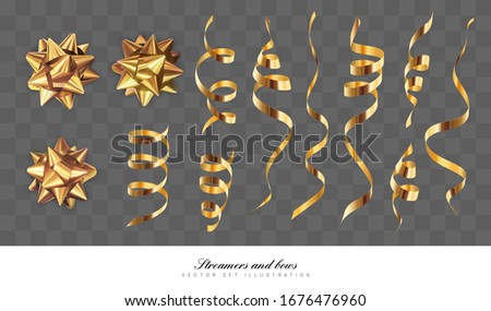 Bows and ribbons isolated on dark transparent background. Bright golden gradients. Decoration for your event, party, Christmas, New Year, Wedding, Valentine's Day. Realistic, 3D vector illustration.