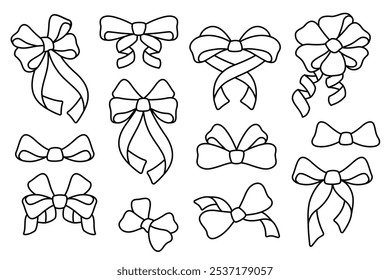 Bows and ribbons. Bows line icons set. Hand drawn ribbons, Gift Bows in various shapes. Outline signs for decorations, party, wrapping presents, hair accessories. Editable Stroke. Vector illustration