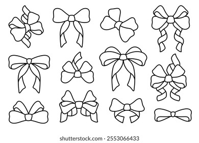 Bows and ribbons. Bows line icons set. Outline signs for decorations fashion design. Hand drawn ribbons, gift bows for party, wrapping presents, hair accessories. Editable stroke. Vector illustration 