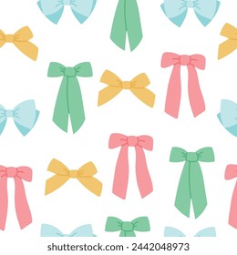 Bows and ribbons seamless background vector. Vintage hand drawn decorative bow in cartoon style. Coquette pastel colorful bow illustration design for wrapping, packaging, gift, present decor, fabric.