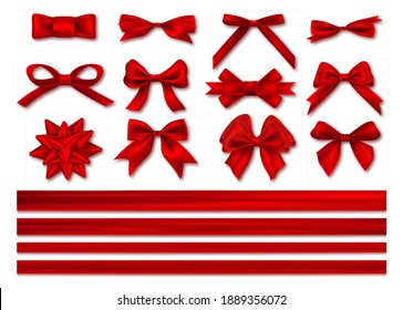 Bows with ribbons set, decorative and festive design. Realistic luxury festive satin tape for decor or holiday packaging 3d vector set