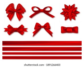 Bows with ribbons set, decorative and festive design. Realistic luxury festive satin tape