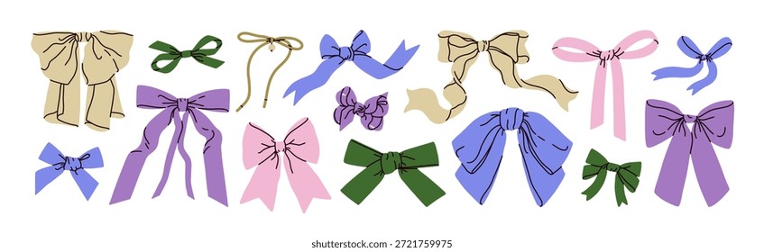 Arcos e fitas set, elementos de design têxtil festivo. Nó decorativo sotaque de gravata para cabelo ou presente. Acessórios de coquette estilo feminino. Ilustrações vetoriais desenhadas à mão isoladas sobre um fundo branco