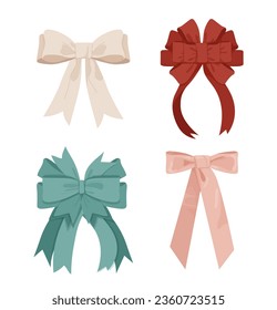 Arcos y cintas. Partes rojas, rosas y verdes de la ropa. Belleza, estética y elegancia. Moda, tendencia y estilo. Colección vectorial plana de dibujos animados aislada en fondo blanco