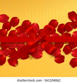  bows and ribbons . valentine`s border Card design with red rose petals  