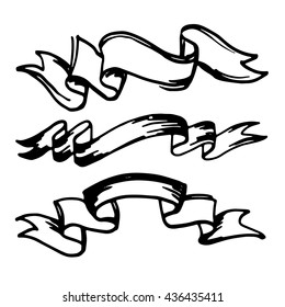 Bows and ribbons vector set. Hand drawn ink strips on white background with place for title